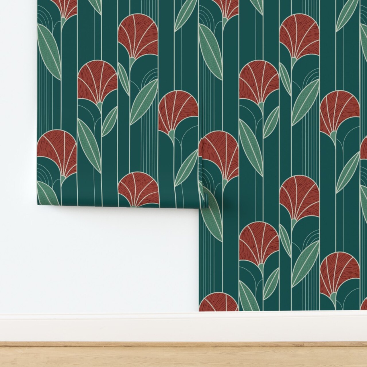 Bold Floral Red Green Abstract Flowers Elegant Geometric Jewel Tone Timeless Custom Removable Wallpaper by Spoonflower Peel & Stick Wallpaper 2FT Wide